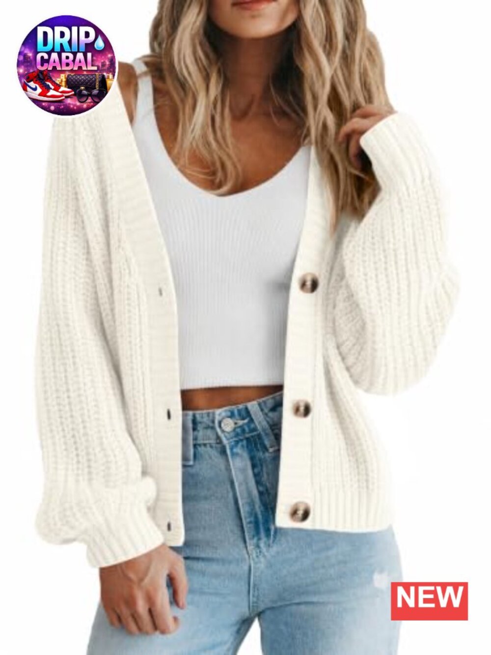 Chunky Knit Open Front Cardigan Lantern Sleeve V-Neck 100% Acrylic